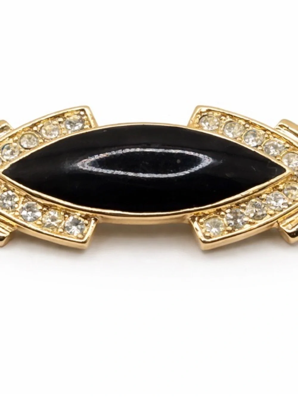 Vintage Trifari Black Enamel Rhinestone Brooch. Mid Century Statement pin.